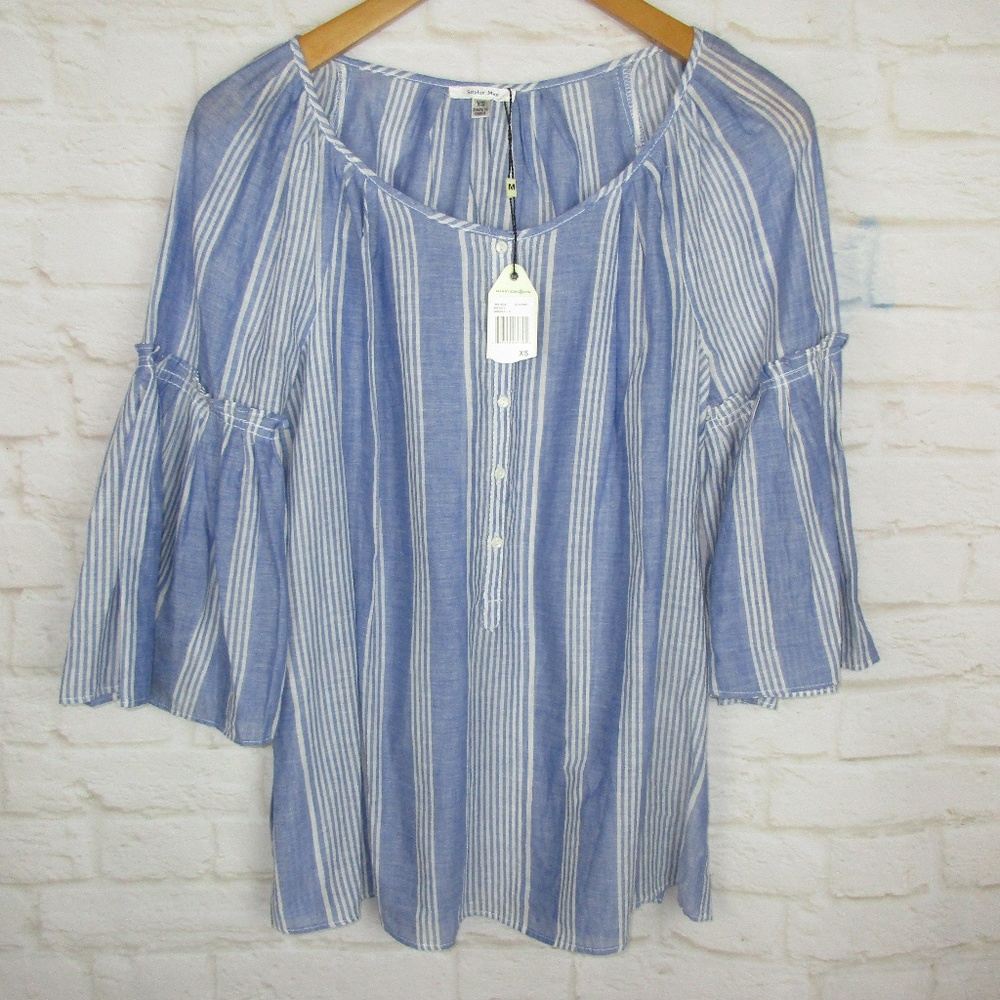 Sofie Max Blue White Vertical Stripe Bell Sleeve